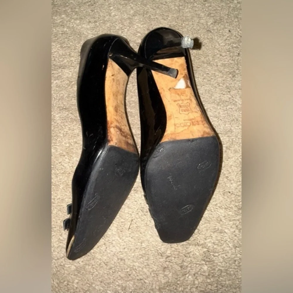 Jimmy Choo Black Gold Patent Leather Double Buckle & Toe Plate Detail Pumps - Picture 3 of 4